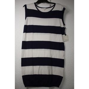 NWT h.one Women Medium Navy Blue White Stripe Knit Sleeveless Knee Length  Dress